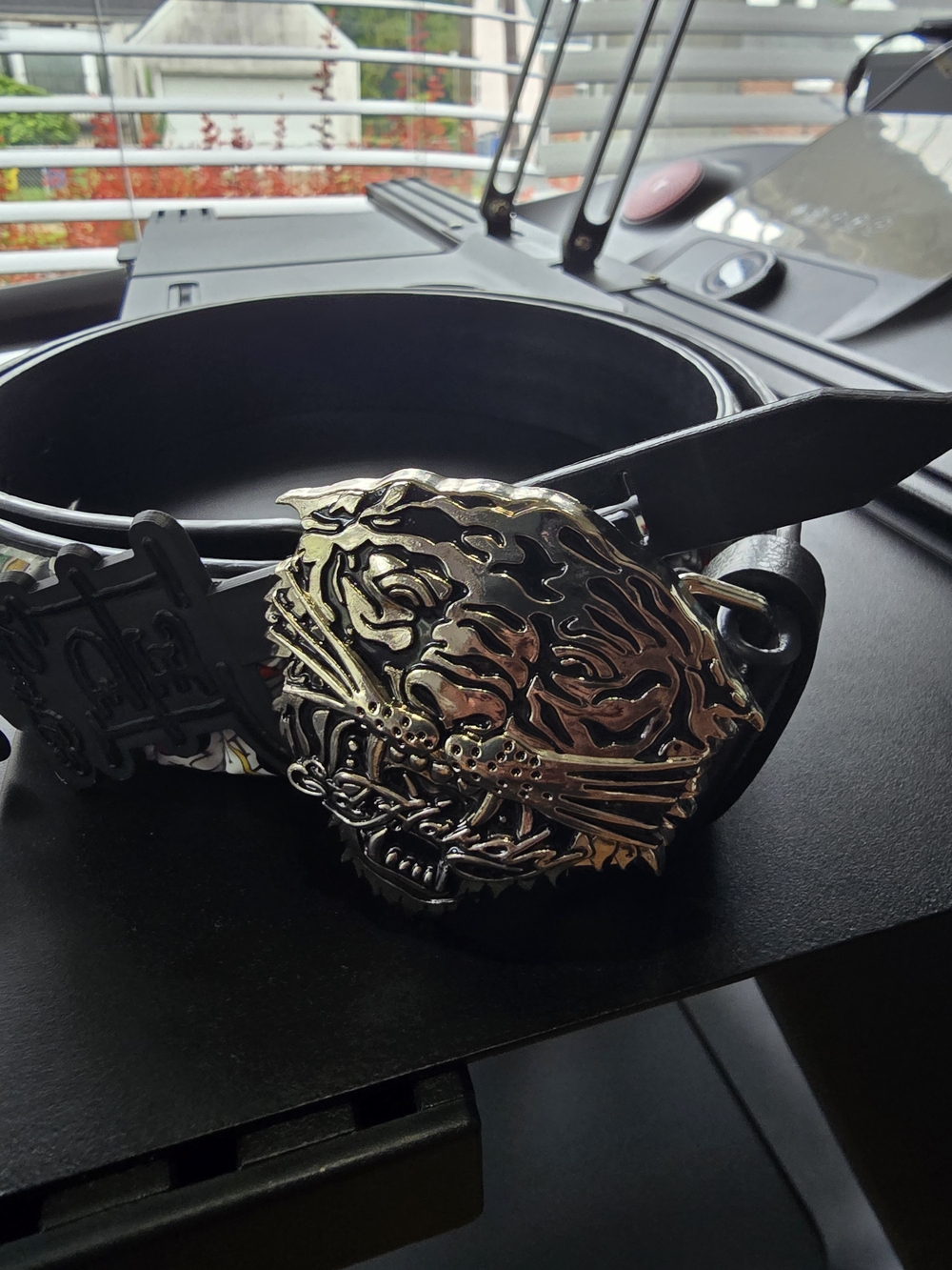 Ed Hardy Black Leather Belt with Tiger Buckle
